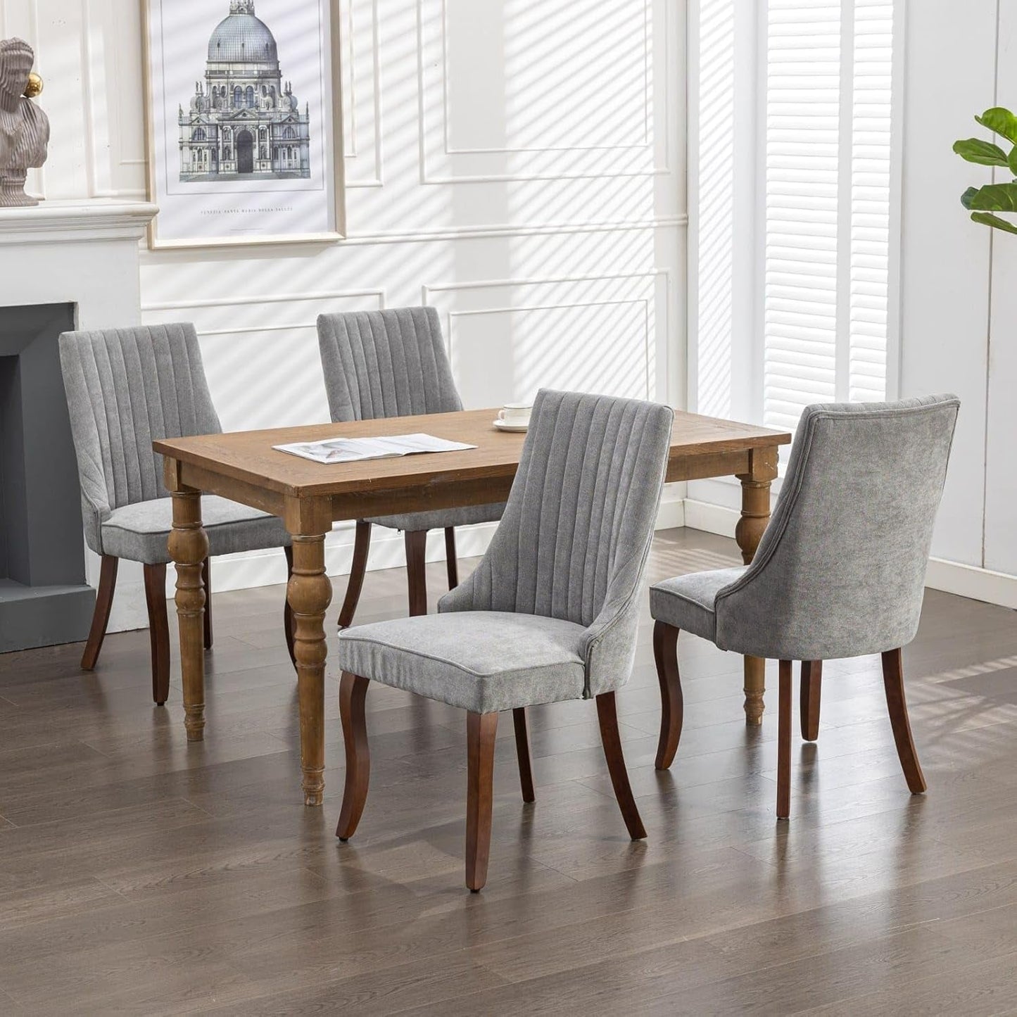 Velvet Dining Chairs Set of 4,Comfy Fabric Upholstered Accent Chairs for Kitchen Living Room,Channel Tufted Dining Room Chairs with Curved Solid Wood Legs(Gray)