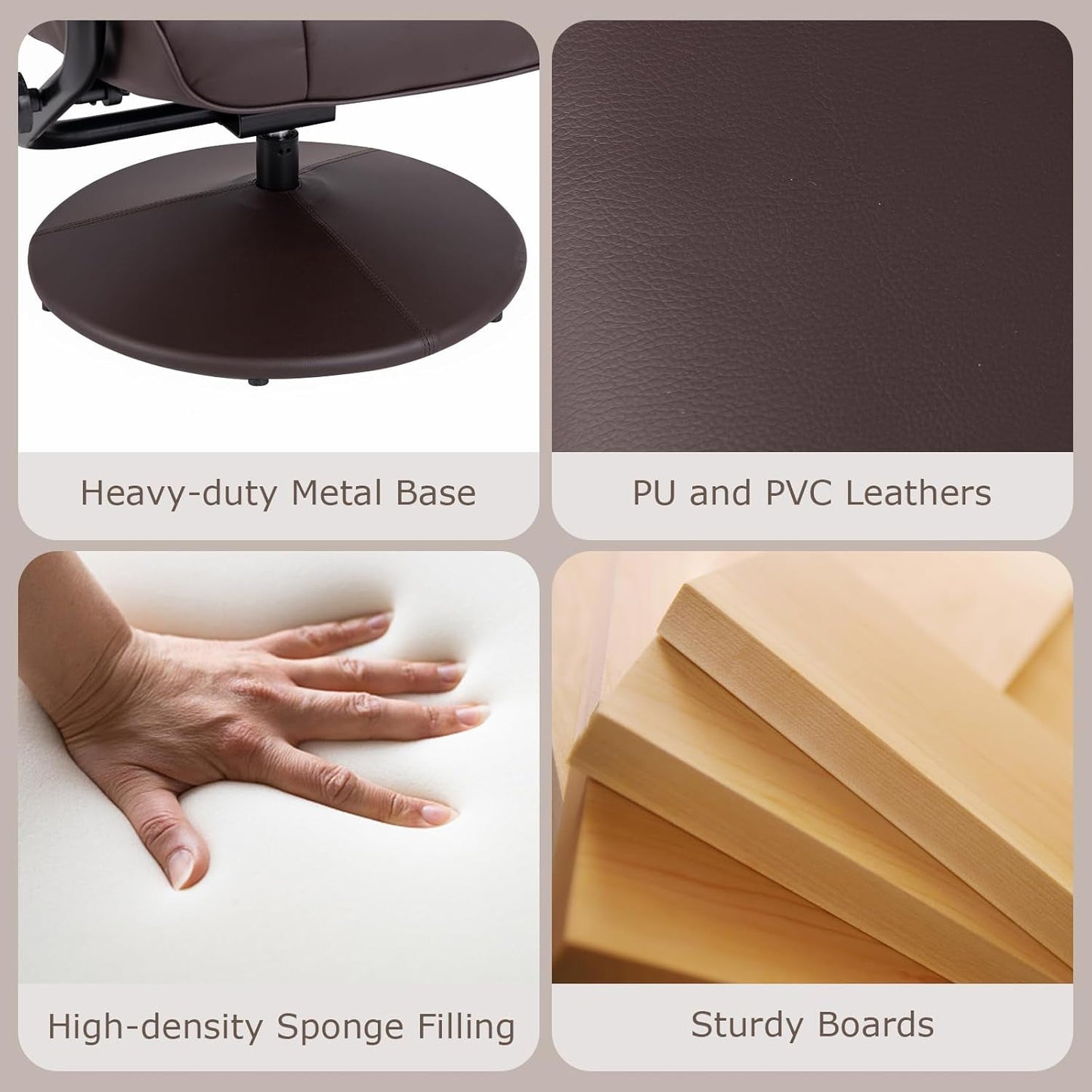 Recliner Chair with Ottoman, 360° Swivel Faux Leather Reclining Chair W/Adjustable Backrest, Footrest, Sturdy Metal Base, Upholstered Armchair for Living Room Bedroom Study, Office, Brown