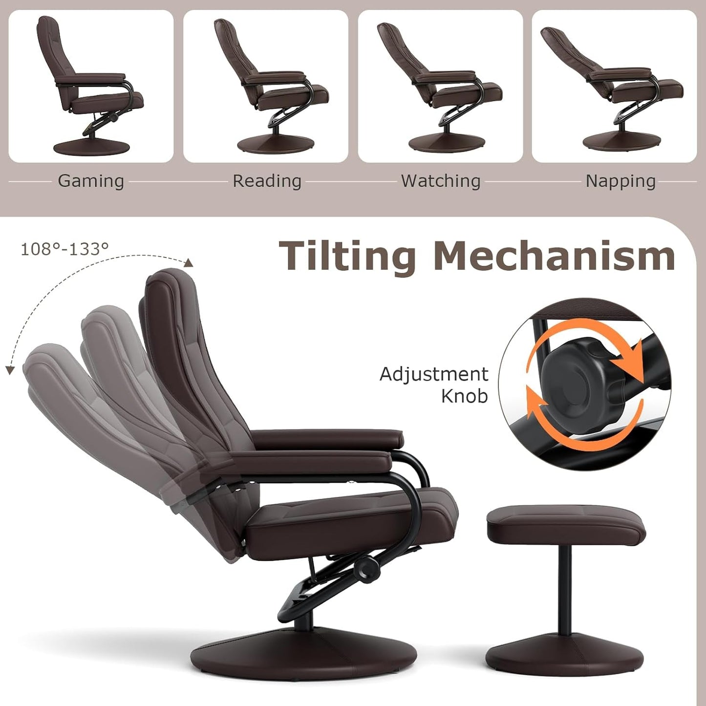 Recliner Chair with Ottoman, 360° Swivel Faux Leather Reclining Chair W/Adjustable Backrest, Footrest, Sturdy Metal Base, Upholstered Armchair for Living Room Bedroom Study, Office, Brown