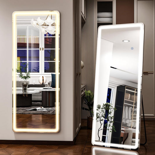 26X68 Inch Full Length Mirror with Lights, LED Lighted Floor Standing, Hanging Mirror Full Length with Stand Free, Full Body Dressing Mirrors with Dimmable 3 Color LED