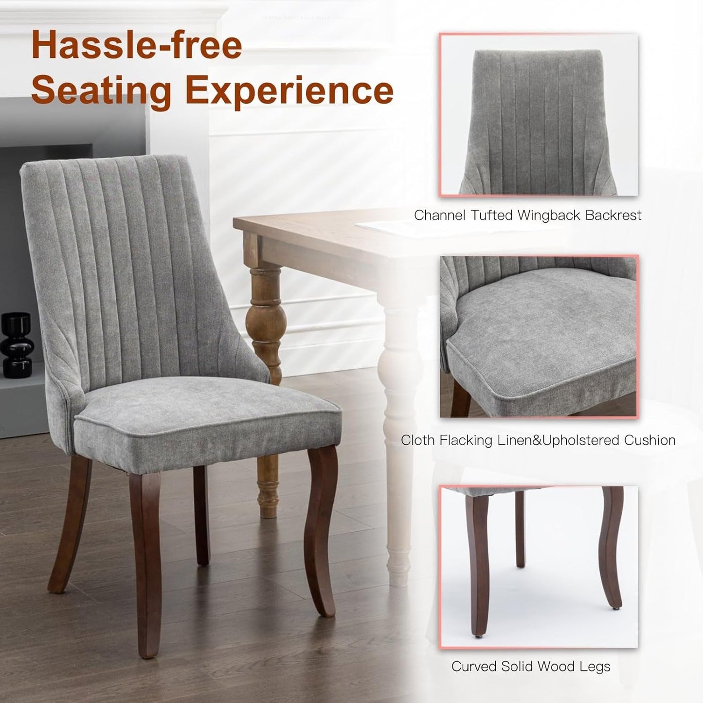 Velvet Dining Chairs Set of 4,Comfy Fabric Upholstered Accent Chairs for Kitchen Living Room,Channel Tufted Dining Room Chairs with Curved Solid Wood Legs(Gray)