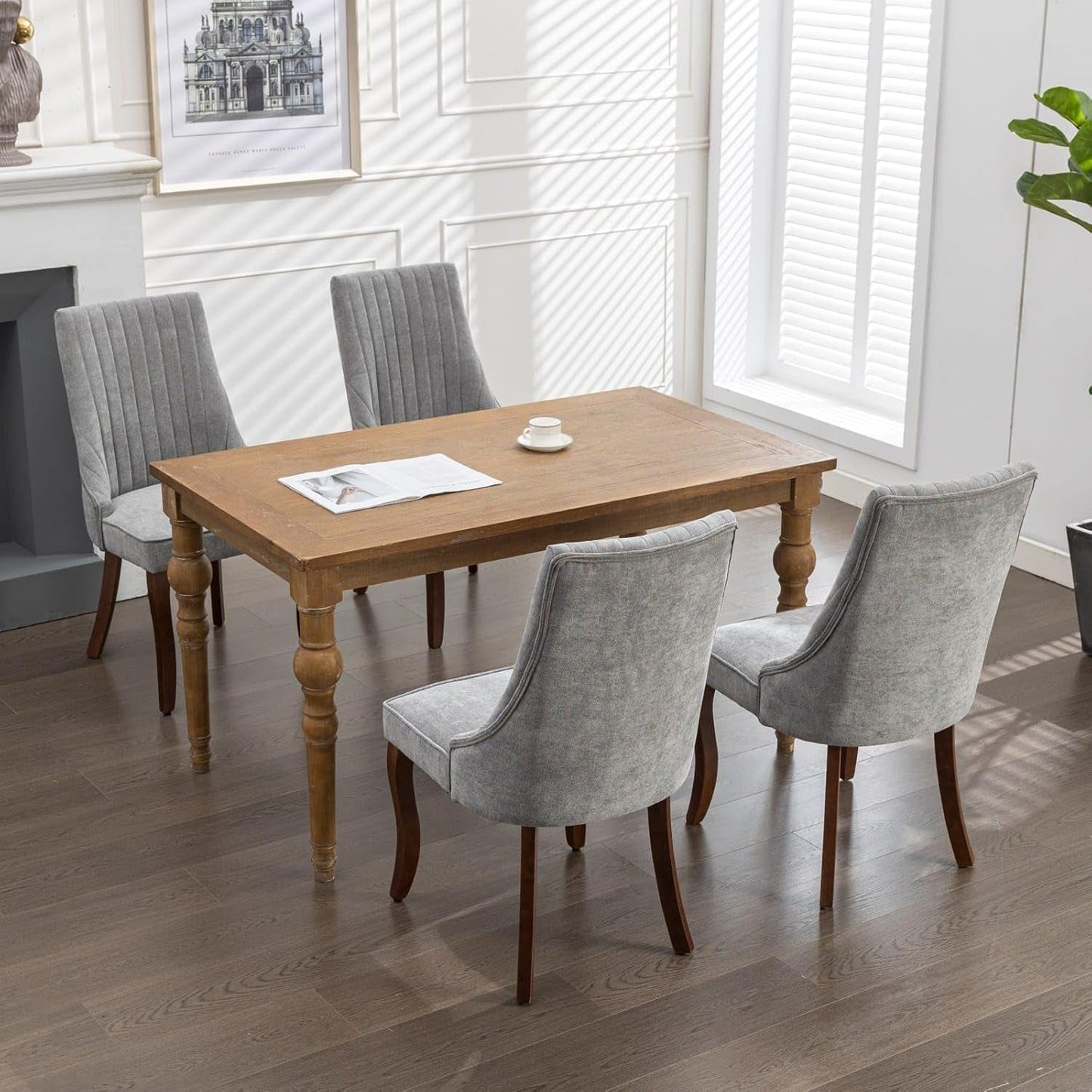 Velvet Dining Chairs Set of 4,Comfy Fabric Upholstered Accent Chairs for Kitchen Living Room,Channel Tufted Dining Room Chairs with Curved Solid Wood Legs(Gray)