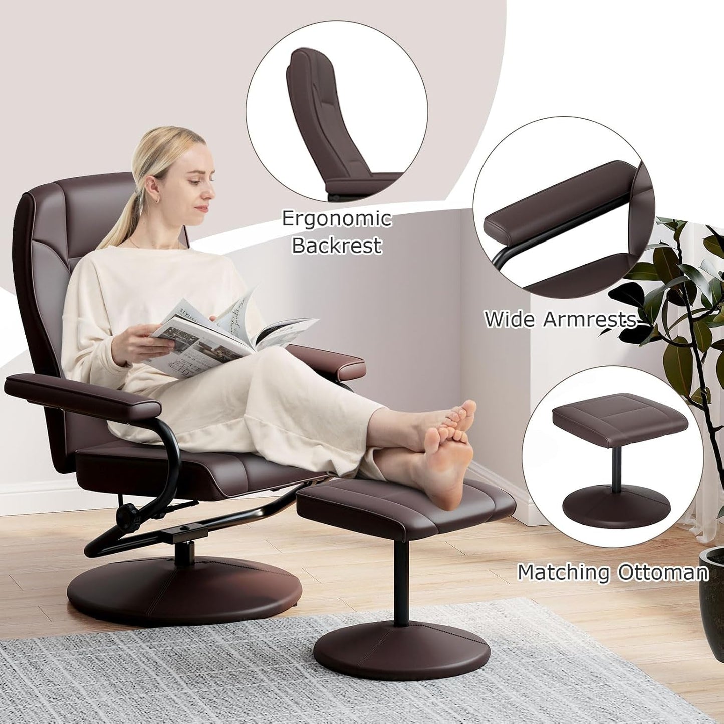 Recliner Chair with Ottoman, 360° Swivel Faux Leather Reclining Chair W/Adjustable Backrest, Footrest, Sturdy Metal Base, Upholstered Armchair for Living Room Bedroom Study, Office, Brown