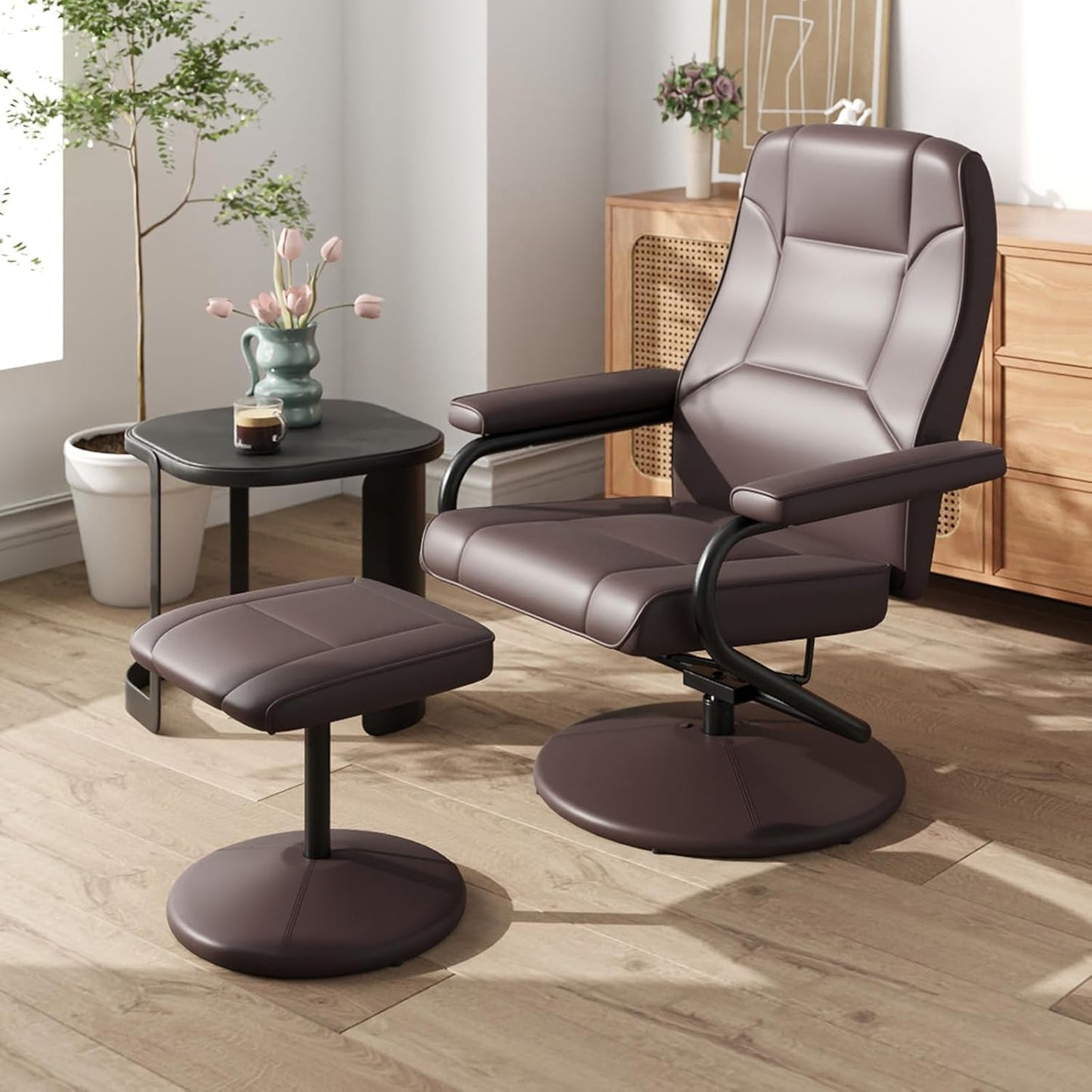 Recliner Chair with Ottoman, 360° Swivel Faux Leather Reclining Chair W/Adjustable Backrest, Footrest, Sturdy Metal Base, Upholstered Armchair for Living Room Bedroom Study, Office, Brown